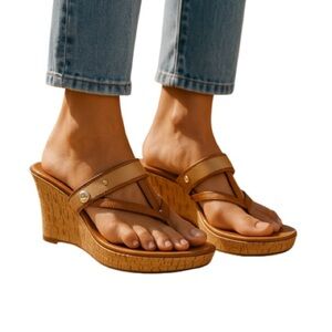 Marc Fisher OReally Platform Cork Wedge Thong Sandals 2 Tone Brown Vegan 9.5